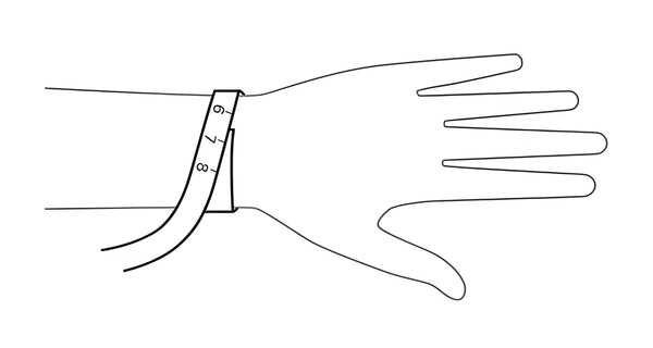 ritad bild på måttband runt en handled som visar hur man mäter storlek