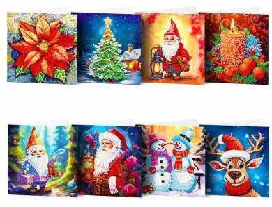 Colorful Christmas diamond painting cards with poinsettia, Christmas tree, Santas, candle, snowman and reindeer.