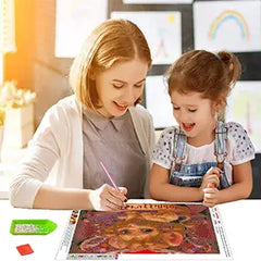 Moeder en kind genieten samen van diamond painting hobby