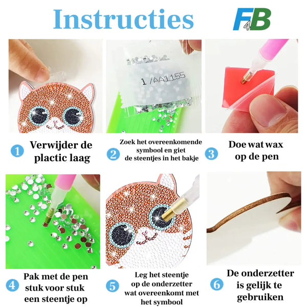 Step-by-step plan for making a cat-shaped diamond painting coaster.