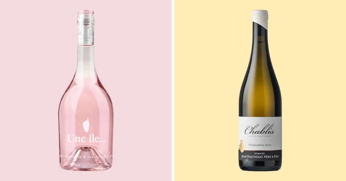 A bottle of of Rosé - Domaine Terra Vecchia Une Ile Rose and a bottle of White Wine - Domaine Jean Dauvissat, Chablis