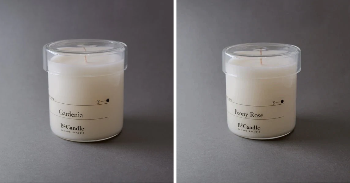 A collection of scented candles from BeCandle including Penoy rose, and gardenia.