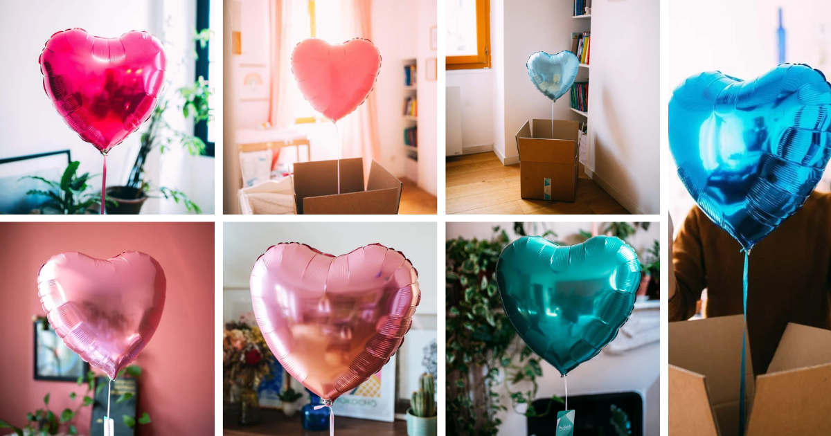 A collage of pink and blue colored heart shaped balloons for gender reveal parties