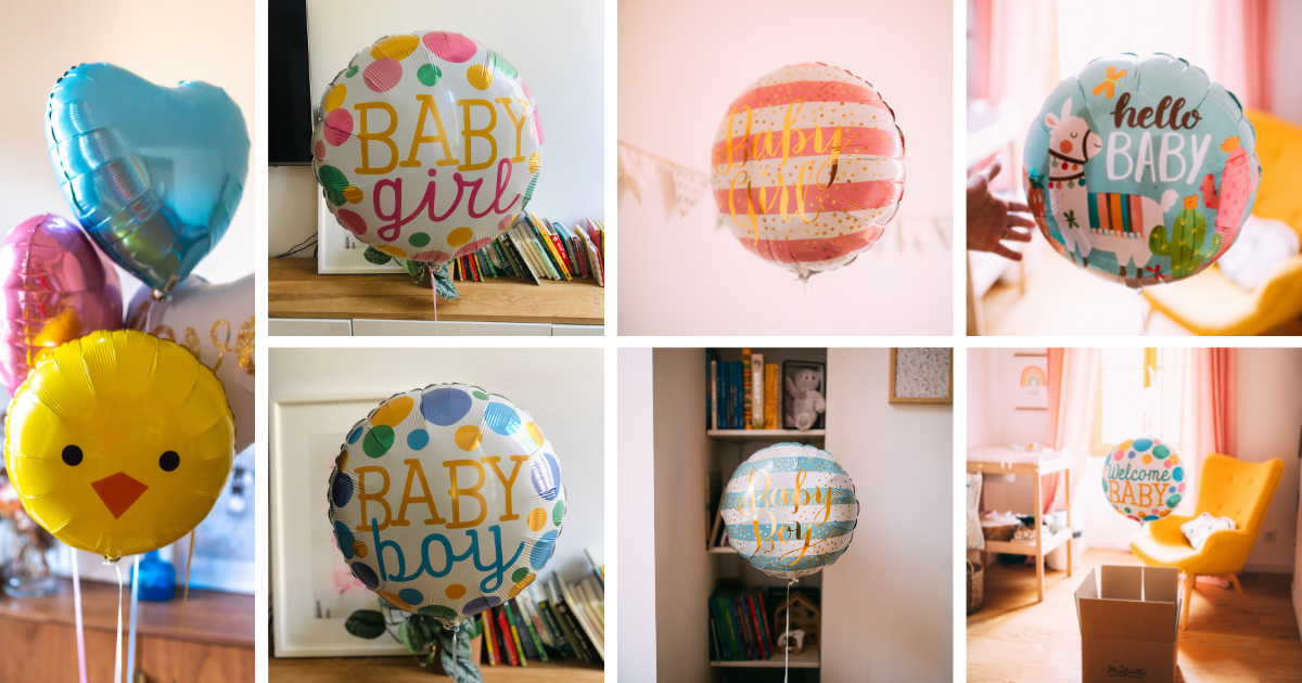 A collage of "baby boy", "baby girl" and "welcome baby" colored balloons for gender reveal parties