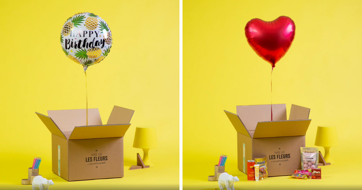 A red heart shaped balloon out of a better than flowers balloon box with various gifts around it next to a pineapple themed happy birthday balloon  out of a better than flowers balloon box.