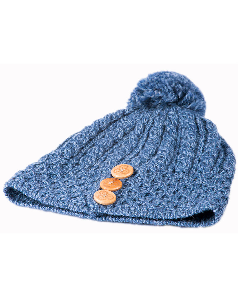 Aran Beanie Pom Pom Hat with buttons - Aran Sweaters Direct