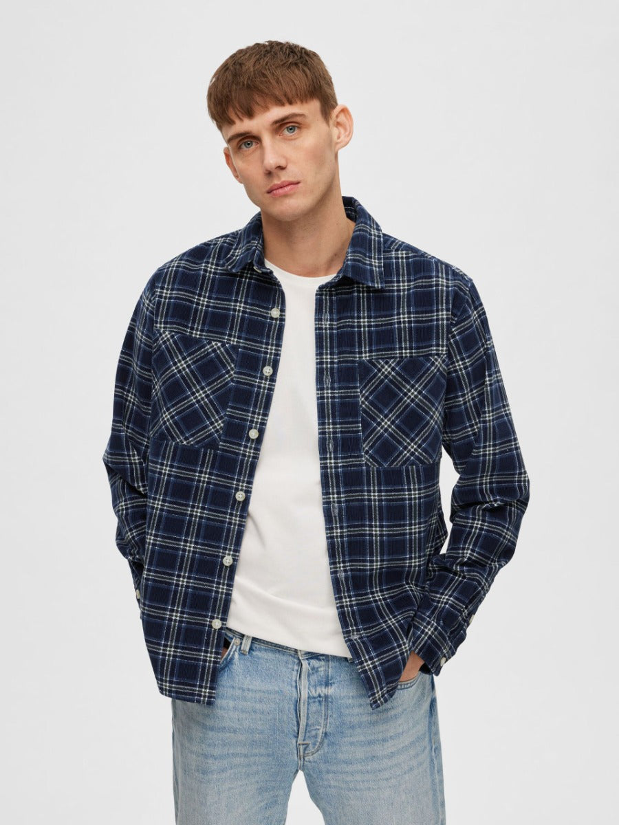 Selected Homme flannel plaid shirt in navy and green