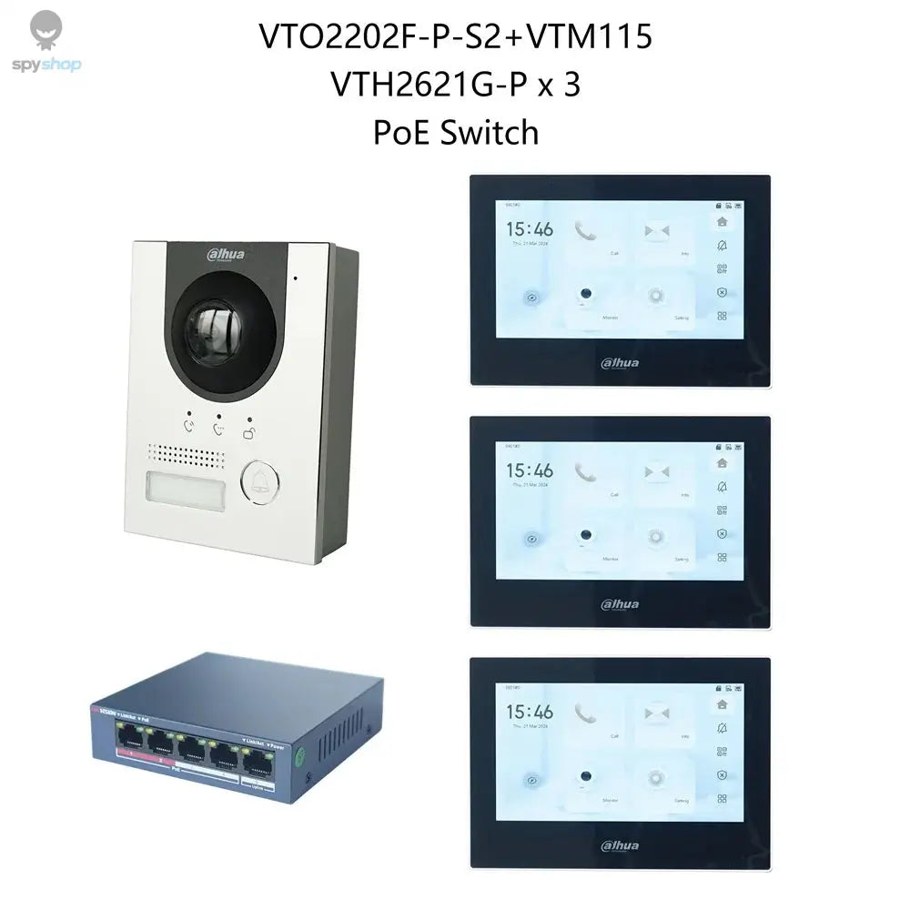 Dahua IP Video Intercom surface mount KIT,VTO2202F-P-S2 & VTH2621GW-P / VTH2621G-P & PoE switch, Support P2P cloud phone app Spy-shop.com