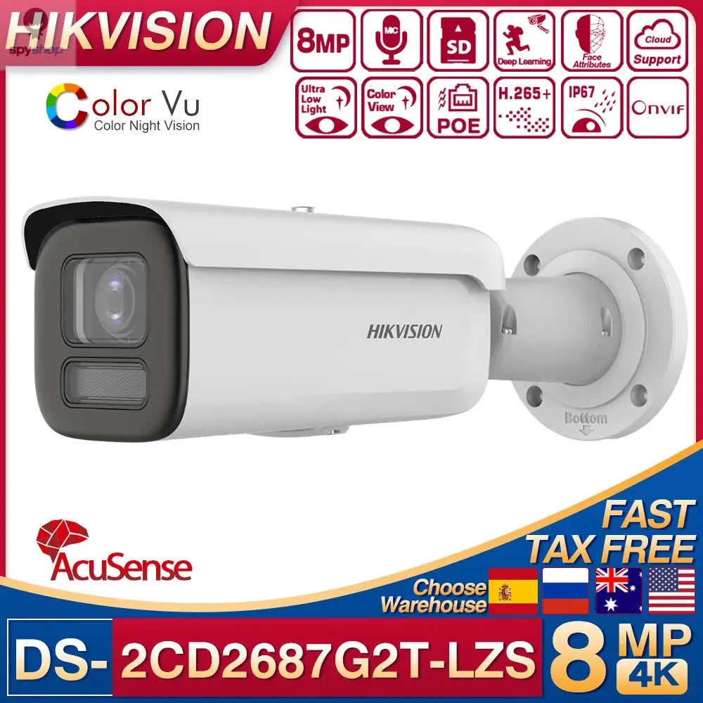 Hikvison 8MP 4K POE ColorVu IP Camera DS-2CD2687G2T-LZS IP67 IK10 AcuSense Motorize Varifocal Bullet 4X Zoom Home Surveillance Spy-shop.com
