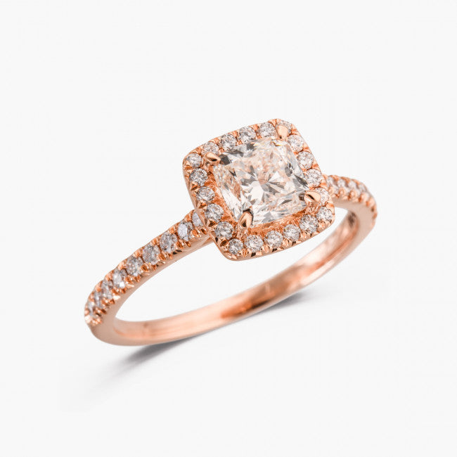 Rose gold engagement ring with natural colored diamonds