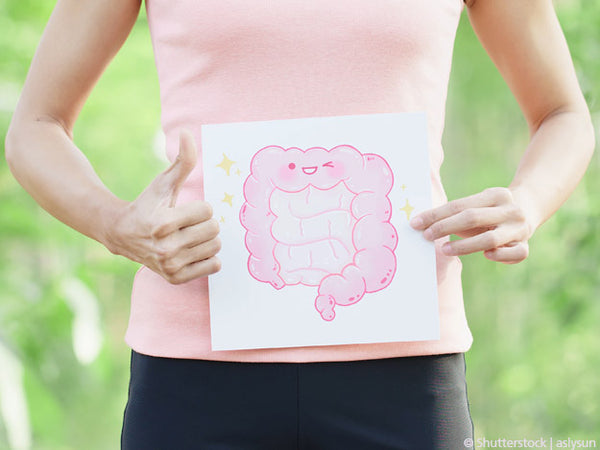 Woman with picture of drawn intestines.