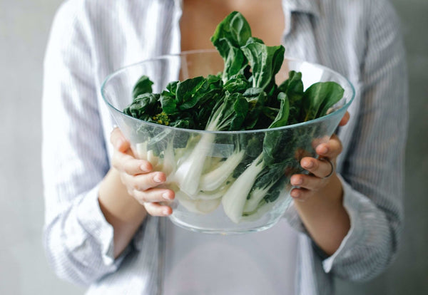 Salad bowl with pak choy in a woman's hand