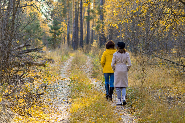 two people walkin in a forest