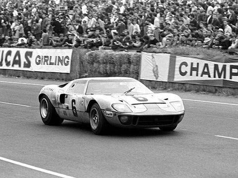 Ford GT40 racing in the 60's. Period black and white photograhy