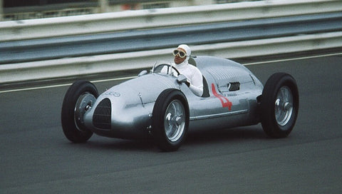 Auto Union Typ D Driven on racetrack in 1979