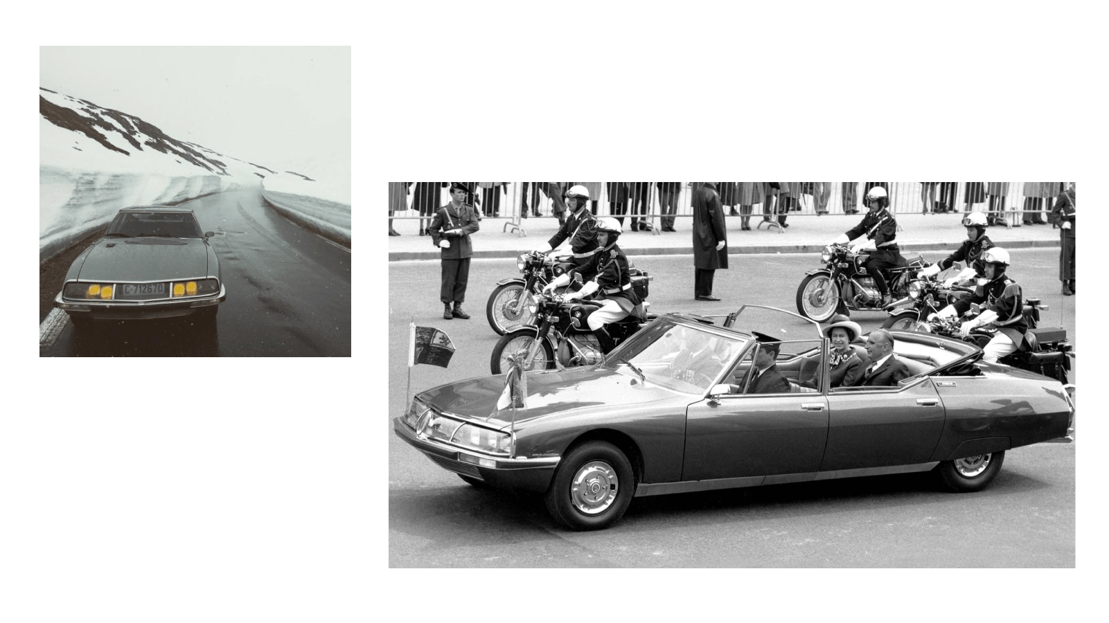 Citroen SM photo collage of SM in the Alps and 4-door SM Cabriolet with the french president Georges Pompidou
