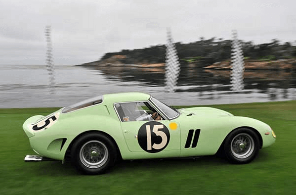 Ferrari 250 GTO in light green driving down the Pebble Beach green field