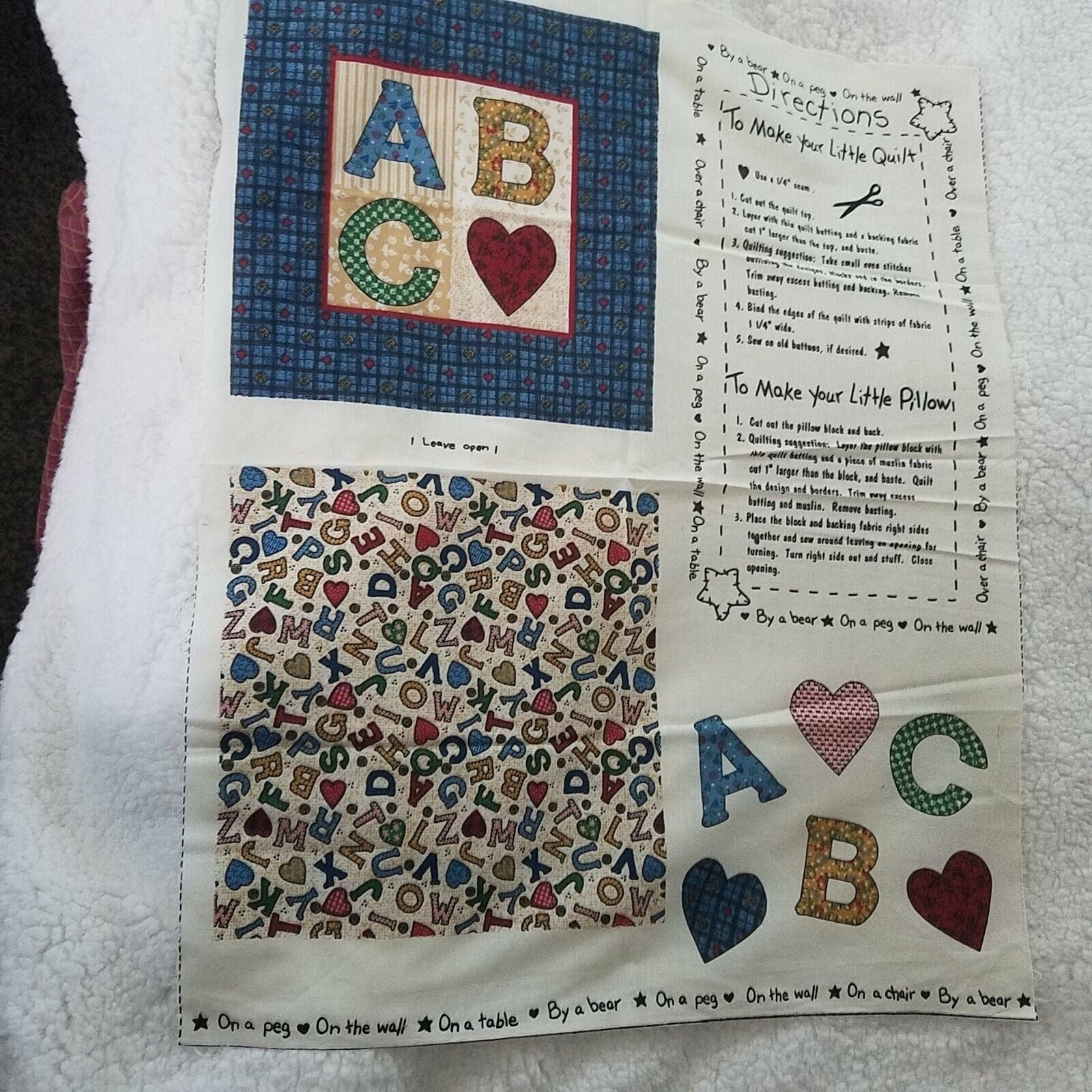 Craft Kit Small Quilt or Pillow ABC By a Bear On a Peg On the Wall Directions