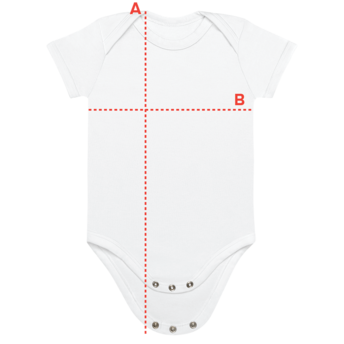 Baby bodysuit showing A: vertical length of the product and B: width of the product at breast height