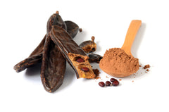picture of carob pods and carob powder in spoon.