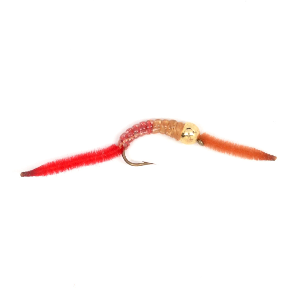 San Juan Worm Power Bead Hot Head Orange Bead Red V-Rib Hook Size 10