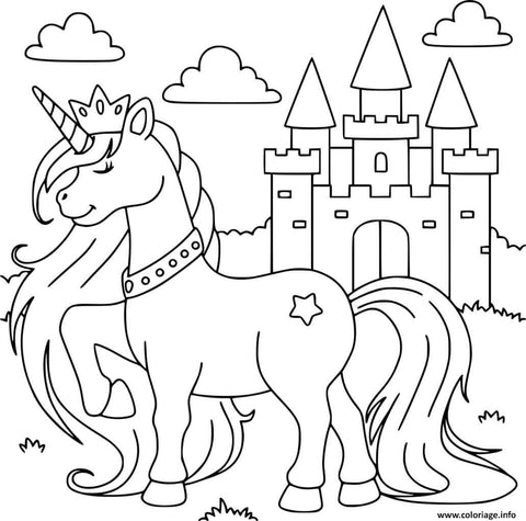 Coloriage licorne devant son château