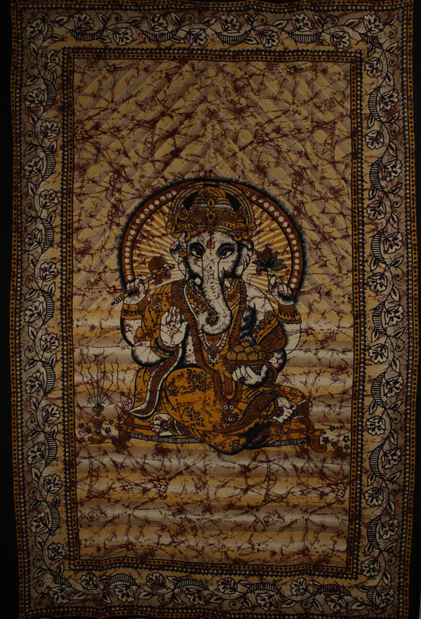 Saffron Ganesha Holding Lotus Flower In Batik Style Tie Dye Tapestry - Ecart