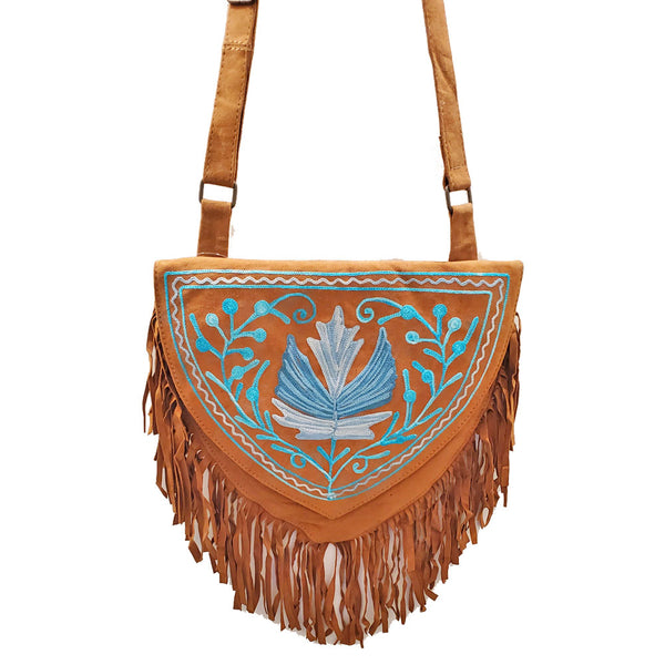 Kashida Embroidery of Bihar Suede Purse with Fringe Tassel Shoulder Bag - Ecart