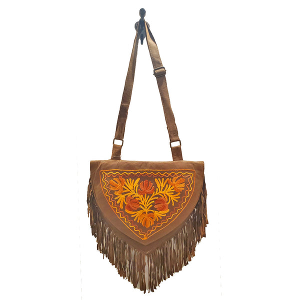 Kashida Embroidery of Bihar Suede Purse with Fringe Tassel Shoulder Bag - Ecart