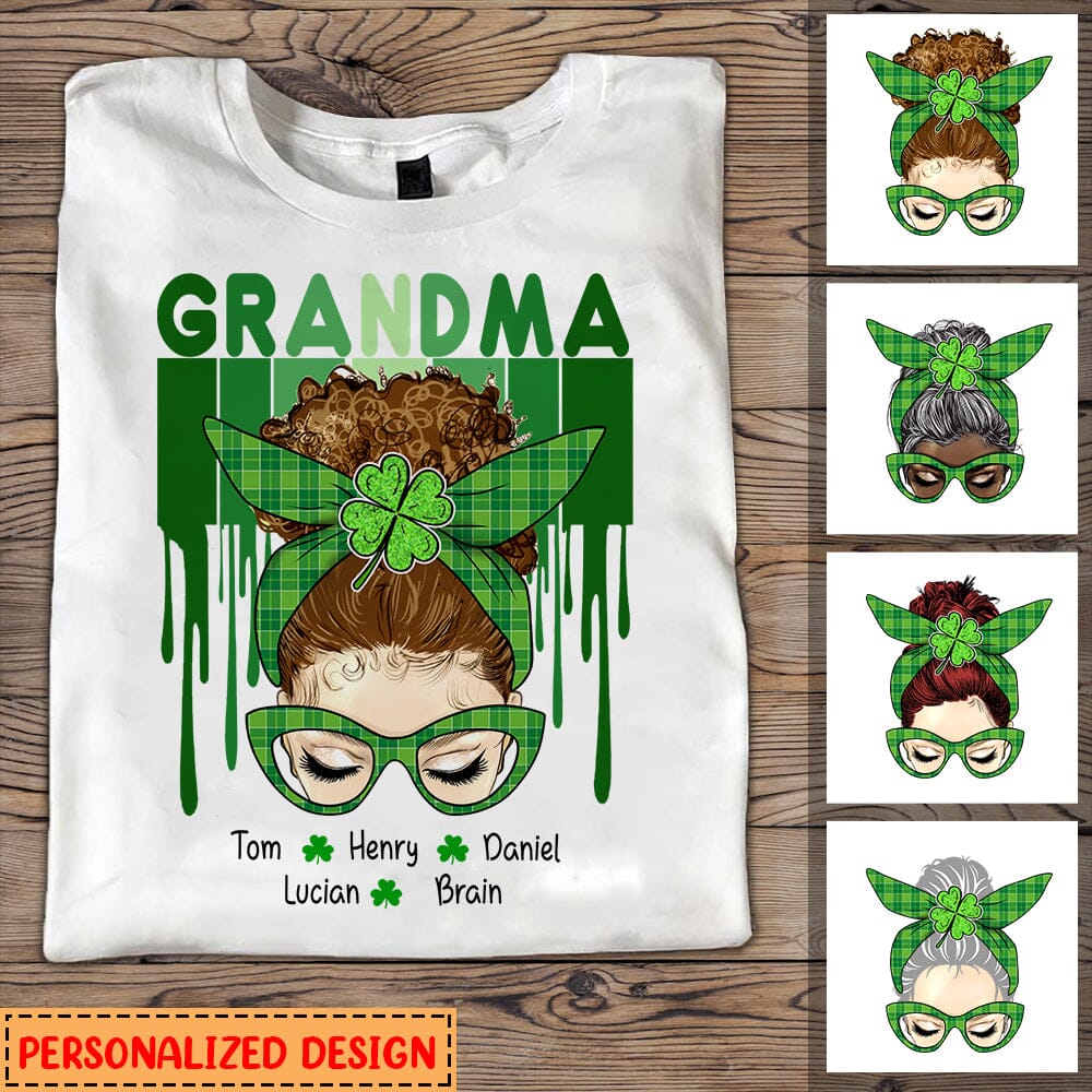 St Patrick's Day Messy Bun Grandma Shamrock Kids Personalized White T-shirt and Hoodie
