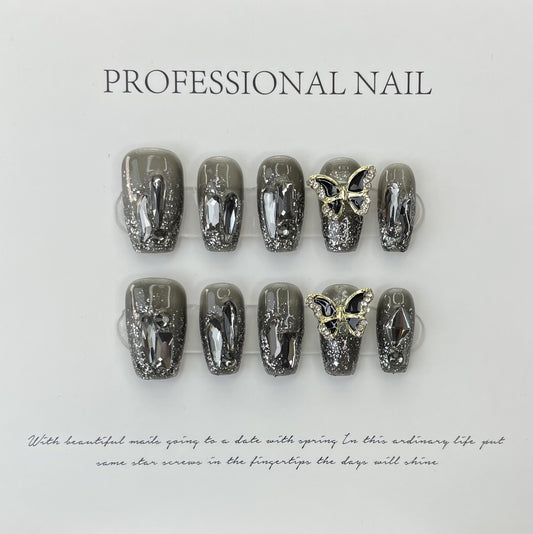 Press On Nails Handmade Nail Tips - Golden Butterfly