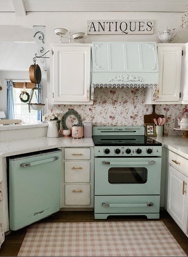 Whimsical kitchen with antique accents using vintage floral peel and stick wallpaper