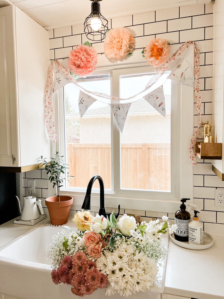 DIY flower bunting craft with removable wallpaper peel and stick wallpaper from rocky mountain decals