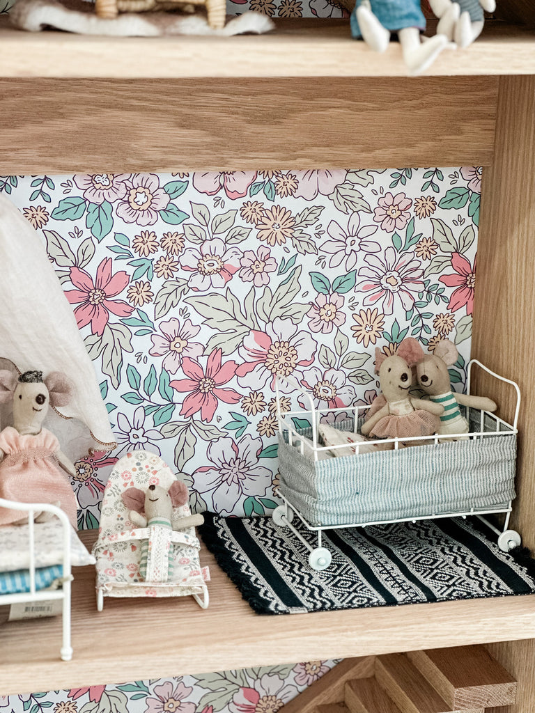 DIY Dollhouse Upgrade with peel and stick wallpaper and Maileg Mice