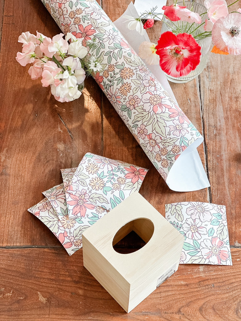 DIY Tissue box upgrade using cheap tissue box holder and leftover wallpaper