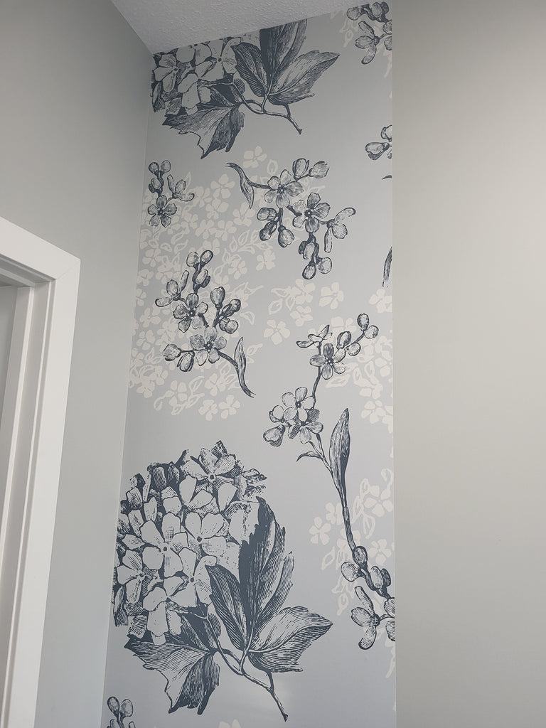 Hearthstone blue vintage floral wallpaper installed and easy to remove without causing damage