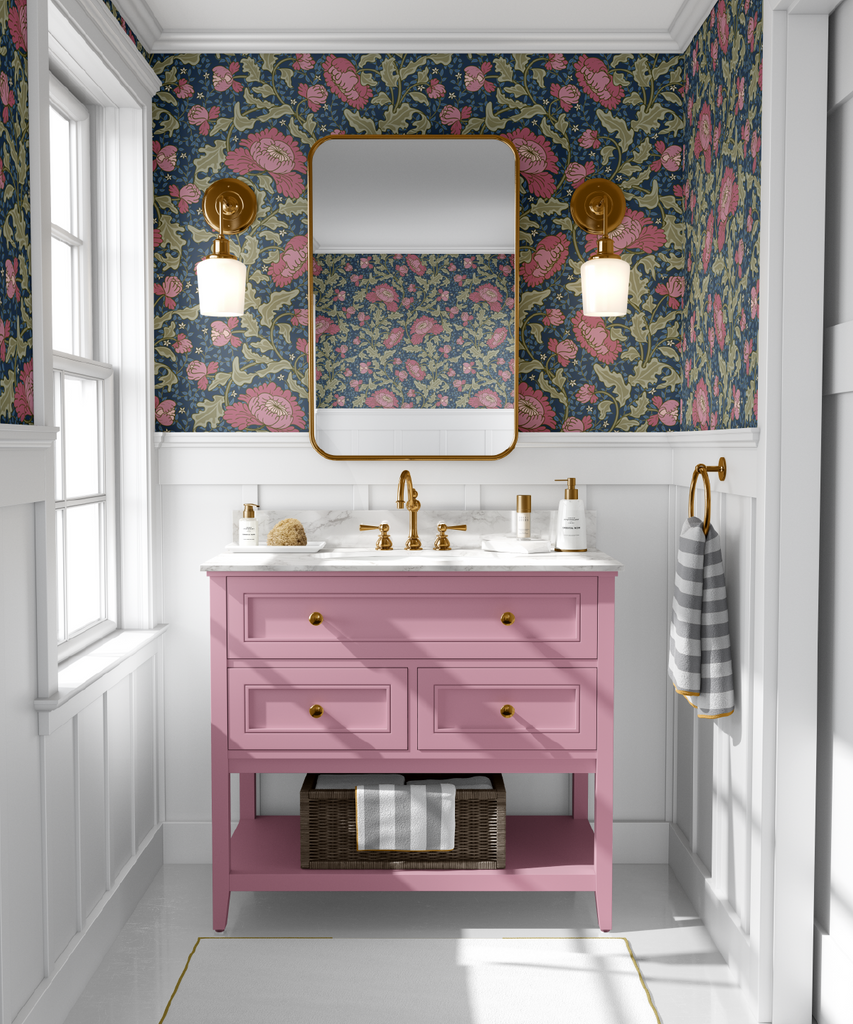 Dark Floral Bathroom With Peel and Stick Wallpaper and Pink Vanity