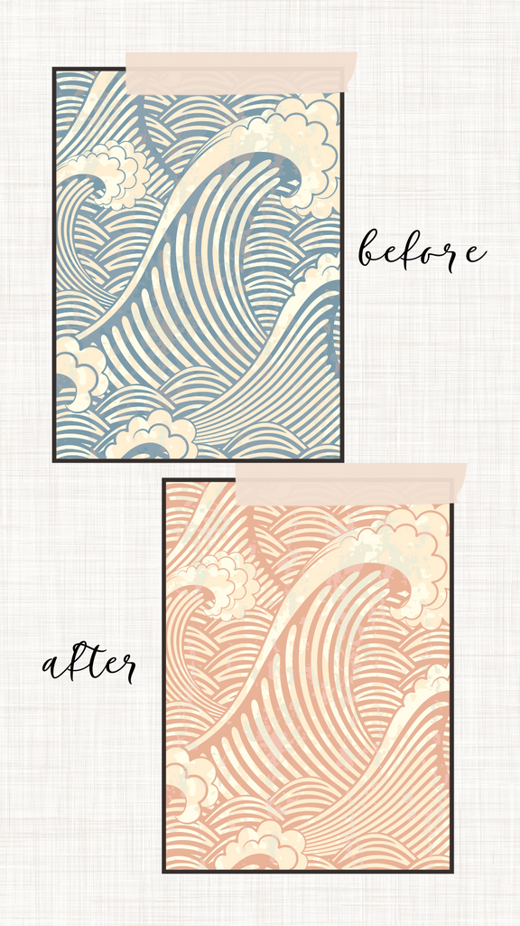 Before and after images of a Japanese wave wallpaper design, initially in blue tones, later customized to Pantone Color of the Year, Peach Fuzz