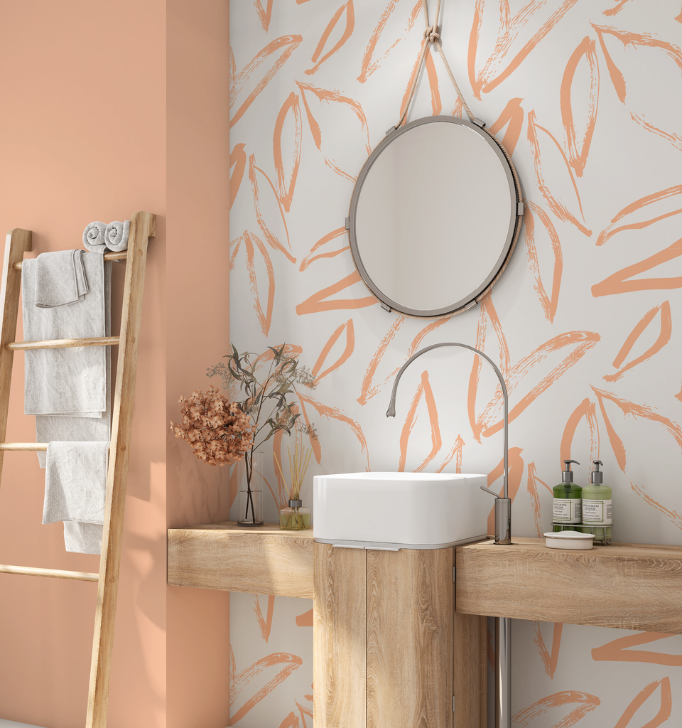 Modern bathroom displaying a chic wallpaper in Peach Fuzz with sketched botanical patterns, highlighting contemporary interior design