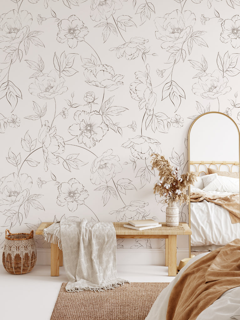 Black and White Peony Floral Removable Wallpaper in a Neutral Designer Space