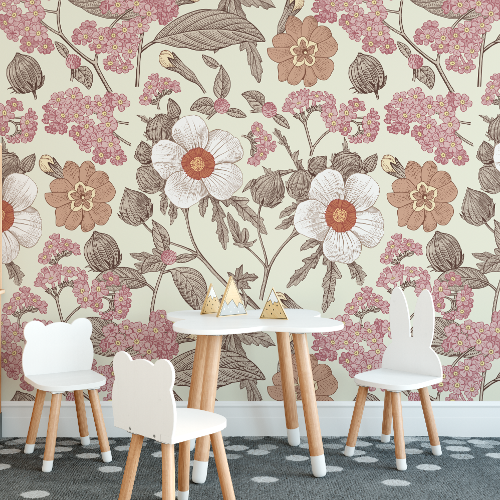 Goldie Peel and Stick floral wallpaper in a kids playroom