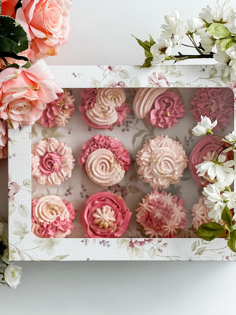 Pink Icing Cupcakes in a custom decorated box using peel and stick wallpaper