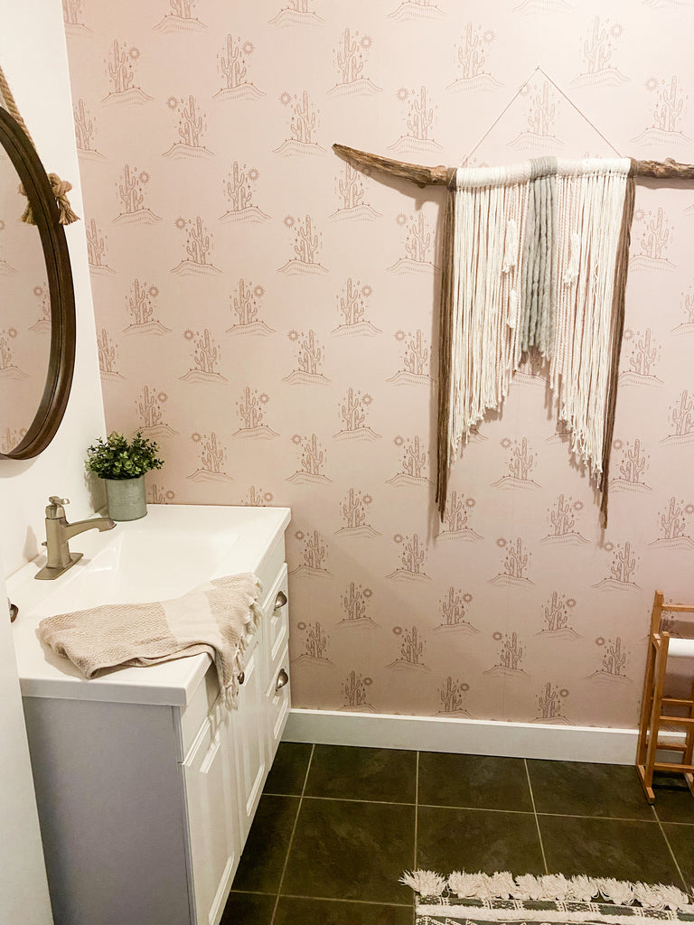 Western farmhouse bathroom decor with cactus peel and stick wallpaper