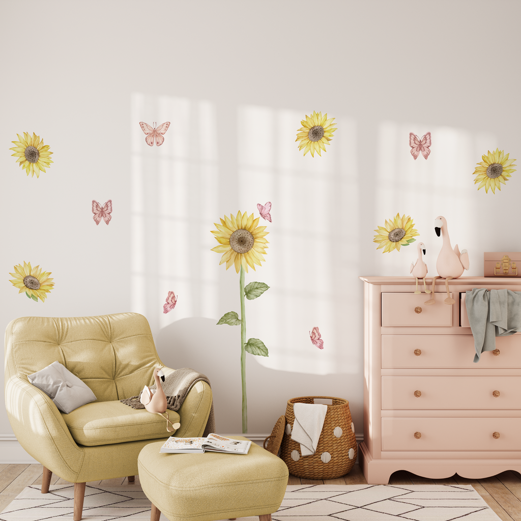 Boho sunflowers and butterfly wall decals, sunflower girls room, sunflower removable wall stickers, butterfly wall stickers