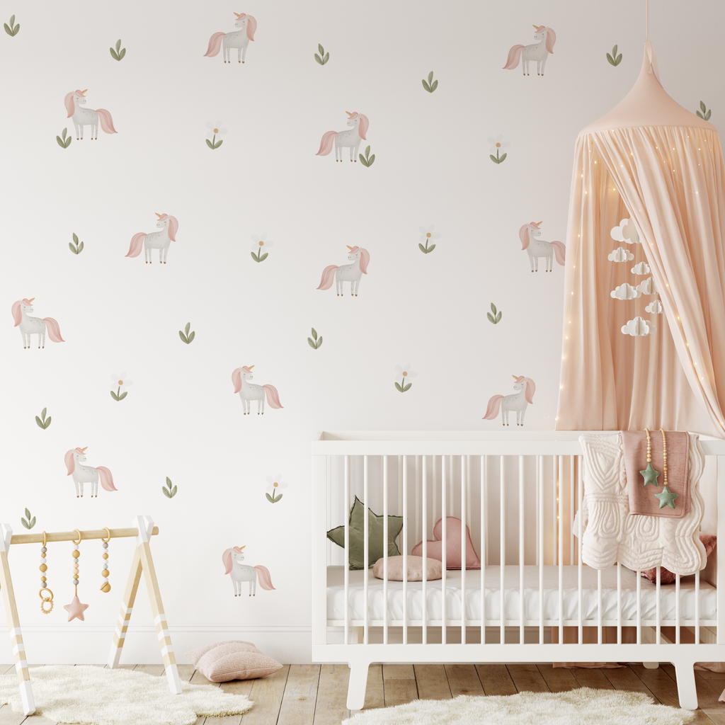 Unicorn wall stickers, affordable girls room wall stickers unicorns and flowers