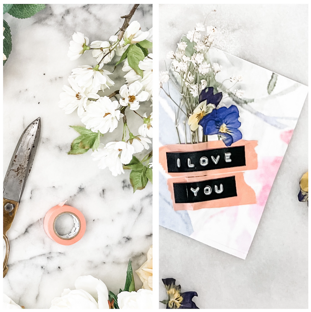 DIY Valentine's day hack with removable wallpaper with gold scissors and washi tape and flowers