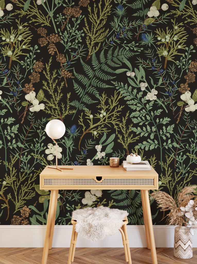 Dark Botanical Peel and Stick Accent Wall with removable wallpaper and soft wood decor