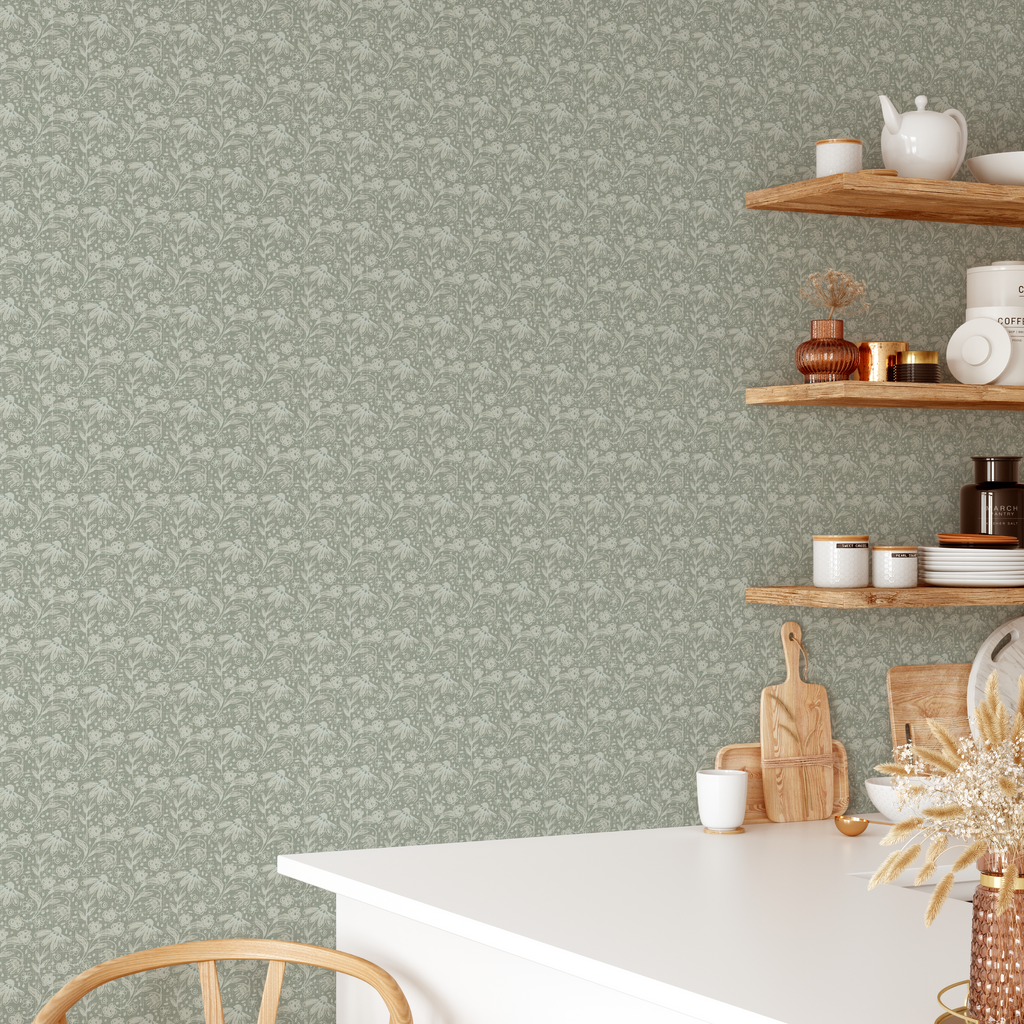 Kitchen makeover for relaxing aesthetic space with green wallpaper