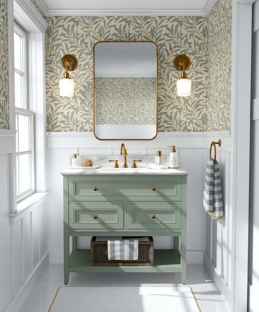 Soft green bathroom with willow greenry in a powder room with green vanity.