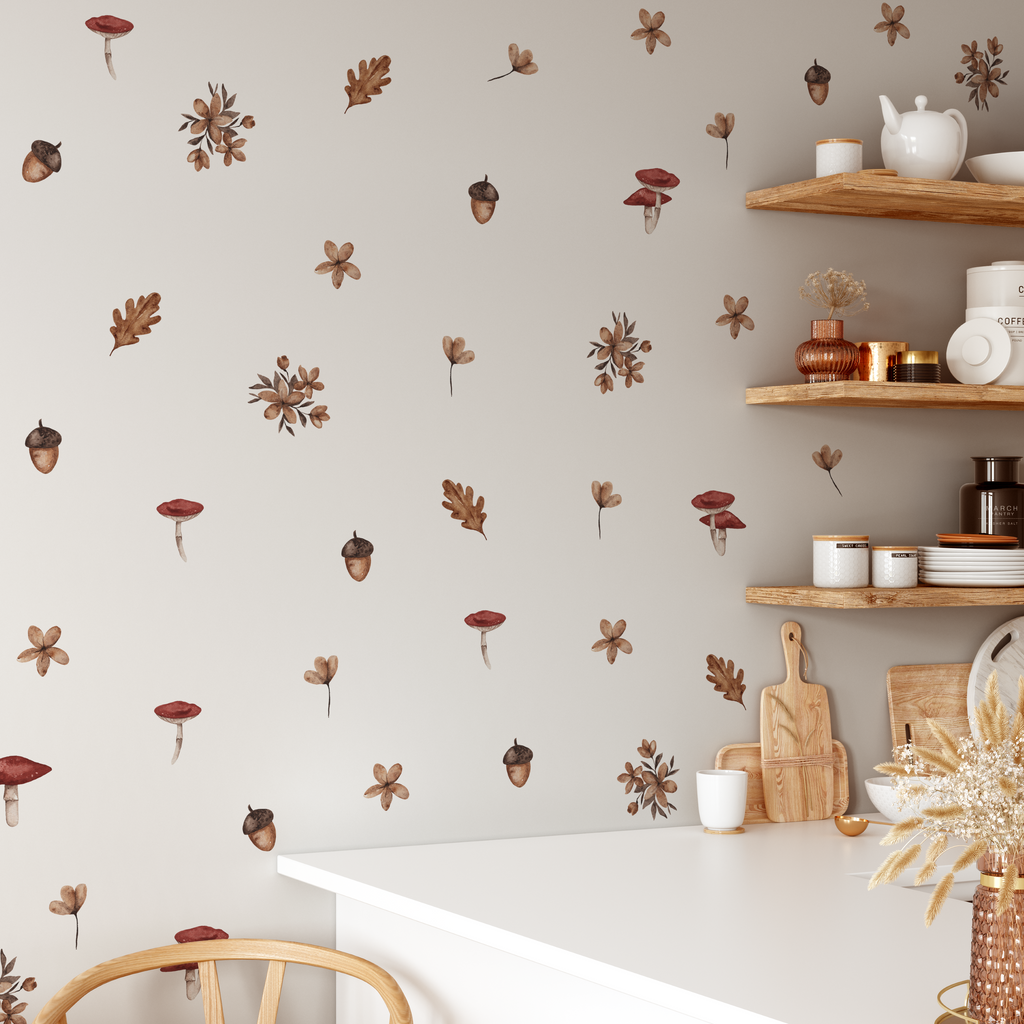 Woodland acorn leaves and mushroom decals for kids room